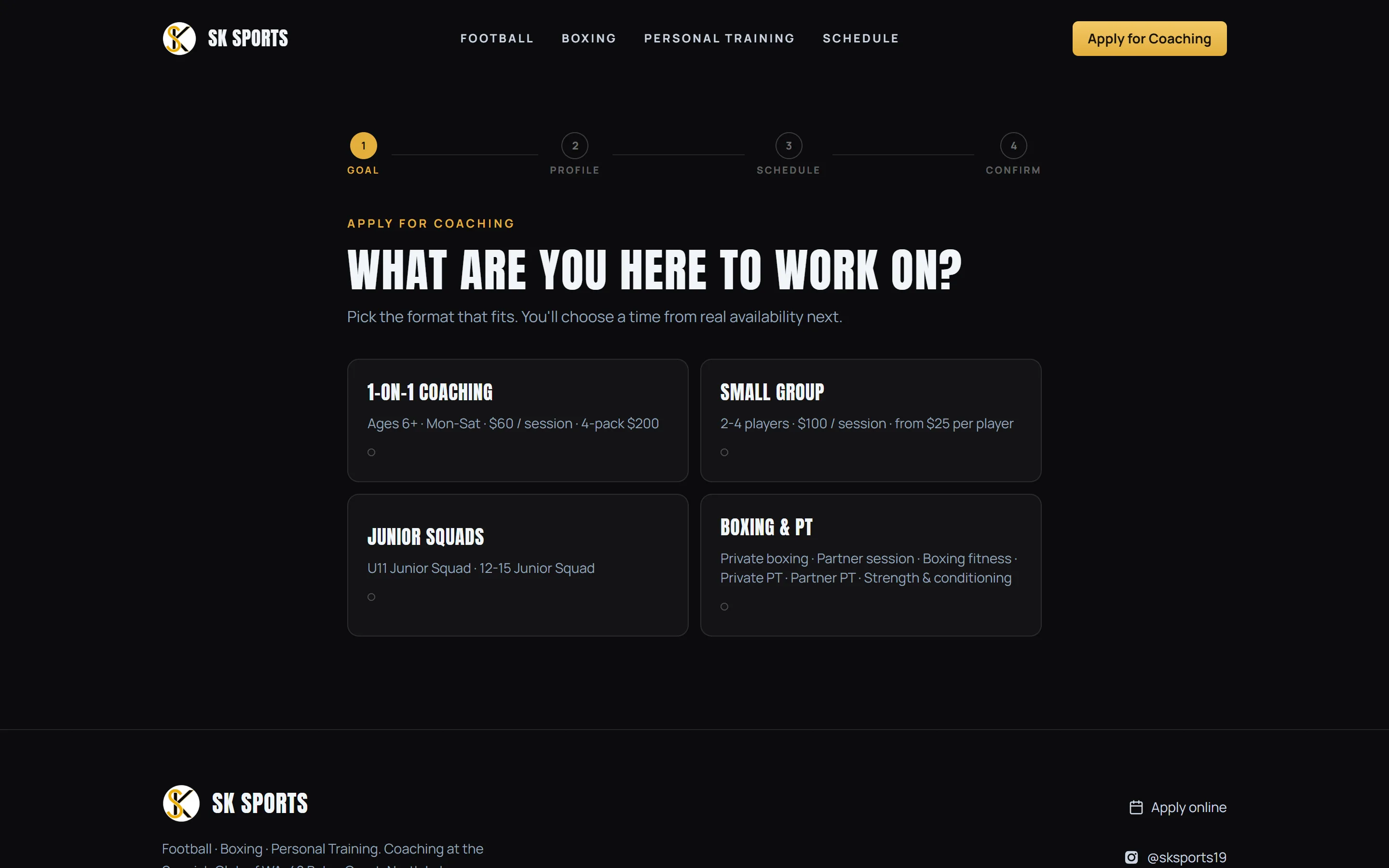 SK Sports application wizard, step one