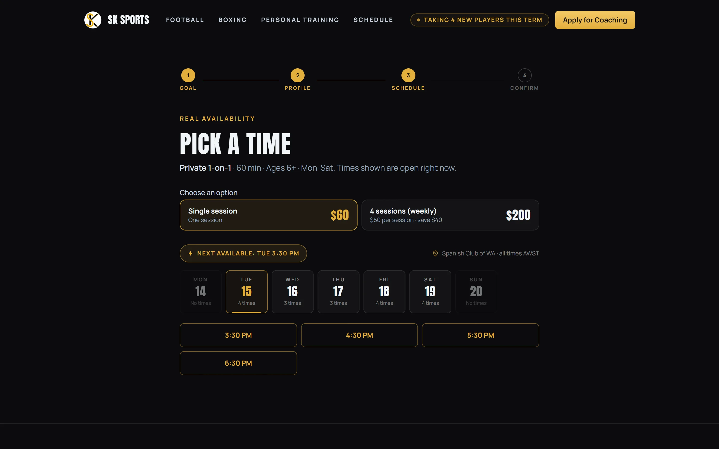 SK Sports booking step with open times